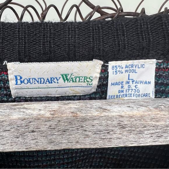 VTG 80s Boundary Waters Black Houndstooth Moody Blue Red accent Wool Blend LARGE - Picture 4 of 7